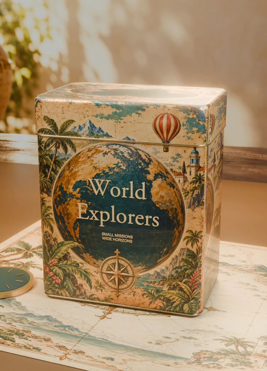 Die Explorer Kids Entdeckerbox auf einem alten Atlas